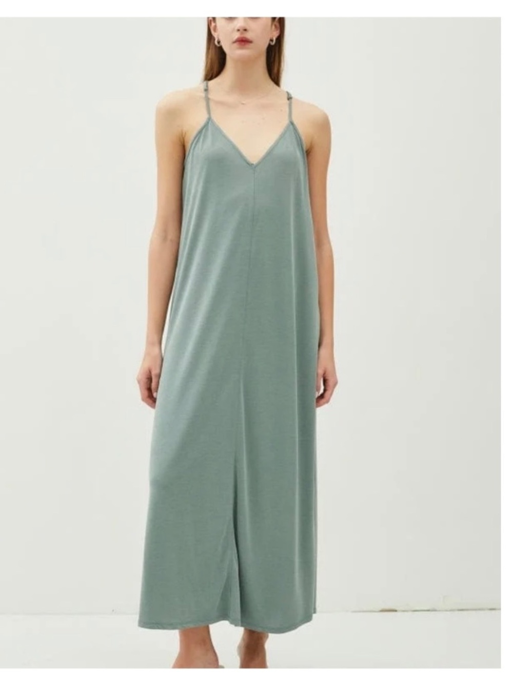 Be Cool Modal V-Neck Racerback Maxi Dress Spruce Green Stretchy Minimalist Large
